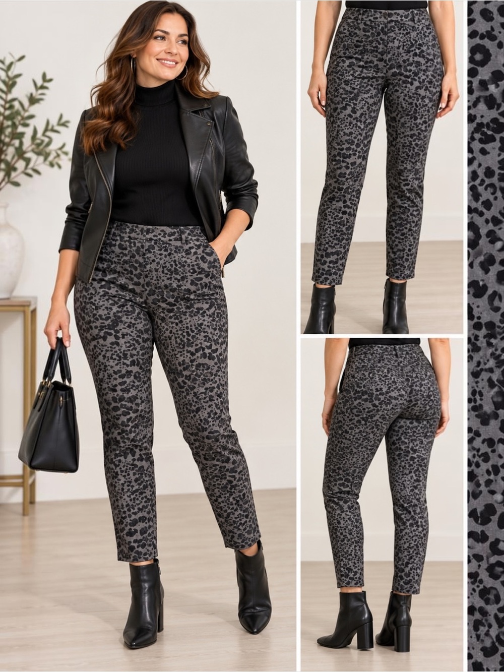Nanette Nanette Lepore Leopard Print Stretch Ankle Pants Gray Black XL NWT